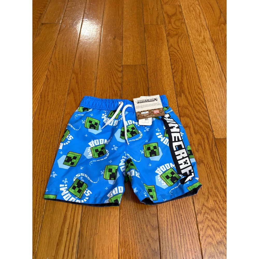 Minecraft Boys Blue Creeper UPF 50+ Swim Trunks Board Shorts Size XS 4/5 NEW